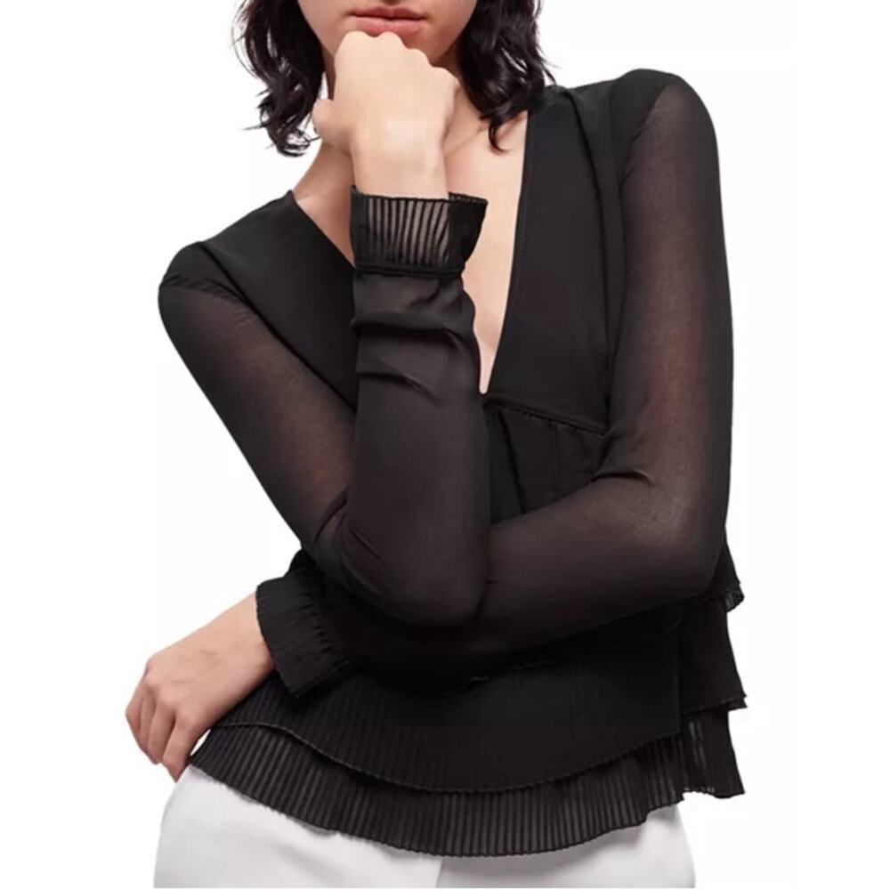 NWT The Kooples Black Pleated V-Neck Top Size XS $215